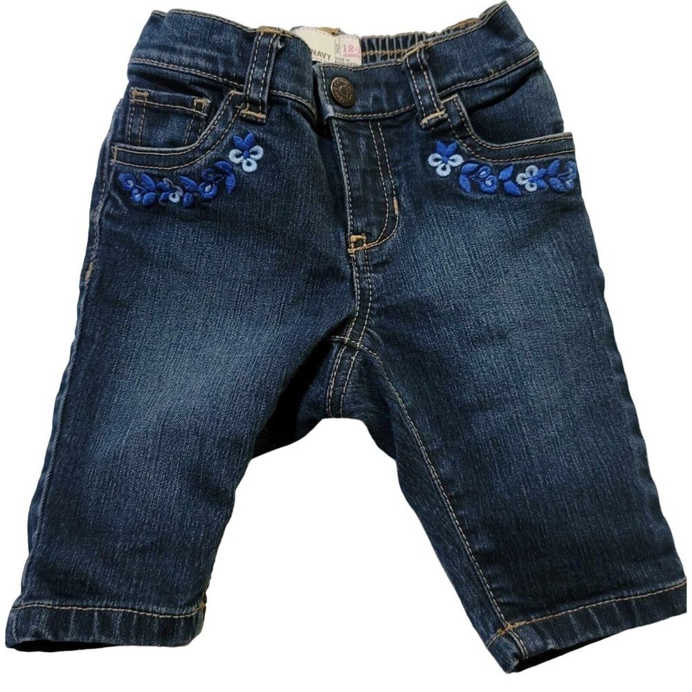 Old Navy Jeans 12-18 Months Stretch Blue Flowers Embroidered